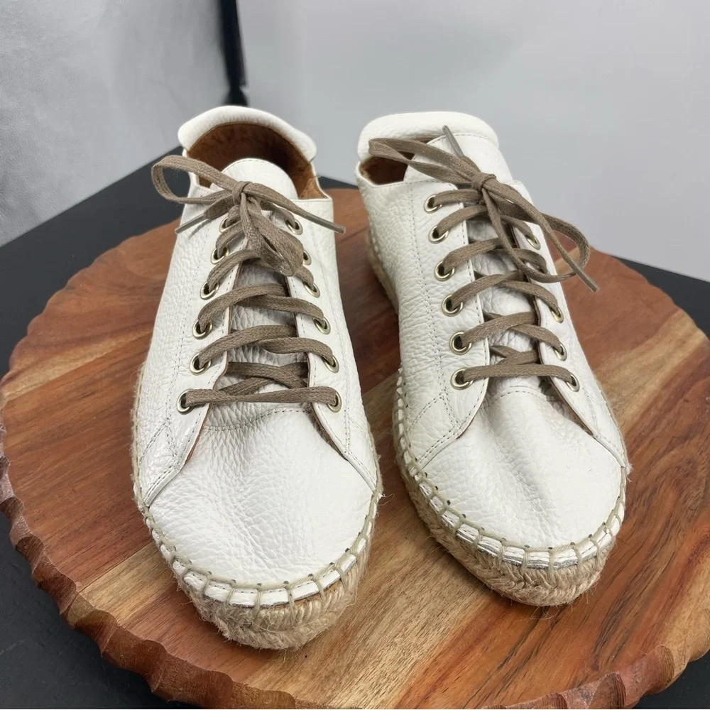 Maypol white Leather Lace Up Espadrille sneakers Shoes Sz. 39 (8) tan laces‎